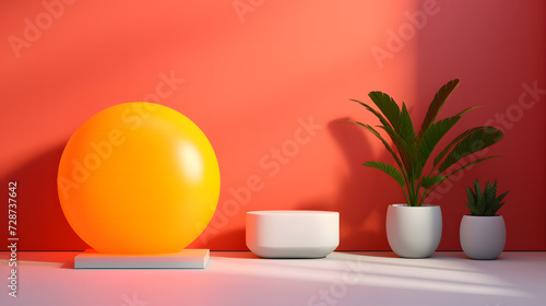 Large Orange Ball on White Table, product presentations 