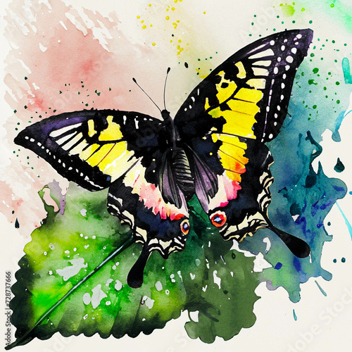 A black swallowtail butterfly, in a colorful watercolor style. Generative AI 