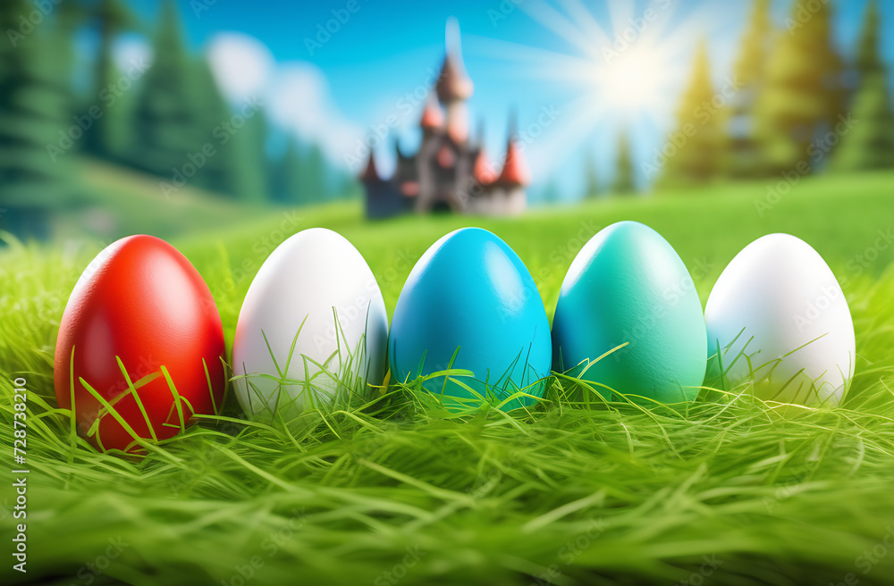 Postcard, Easter colorful eggs in the grass, illustration