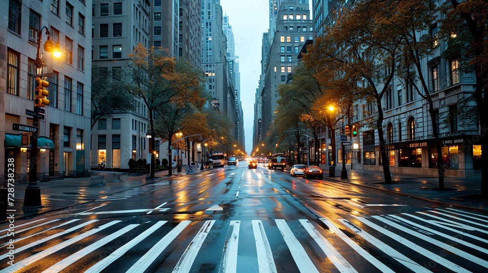 Urban Twilight in Rain - City Street Perspective