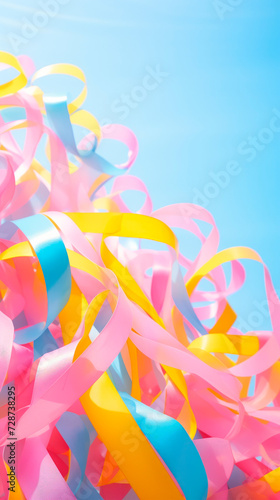 A lively assemblage of multicolored ribbons effortlessly dancing and curling against the backdrop of a clear blue sky. This image imparts an aura of grace and weightlessness