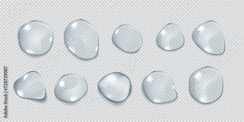 Clear liquid blobs group realistic vector illustration set. Irregular water drops upper view. Droplets 3d elements on transparent background