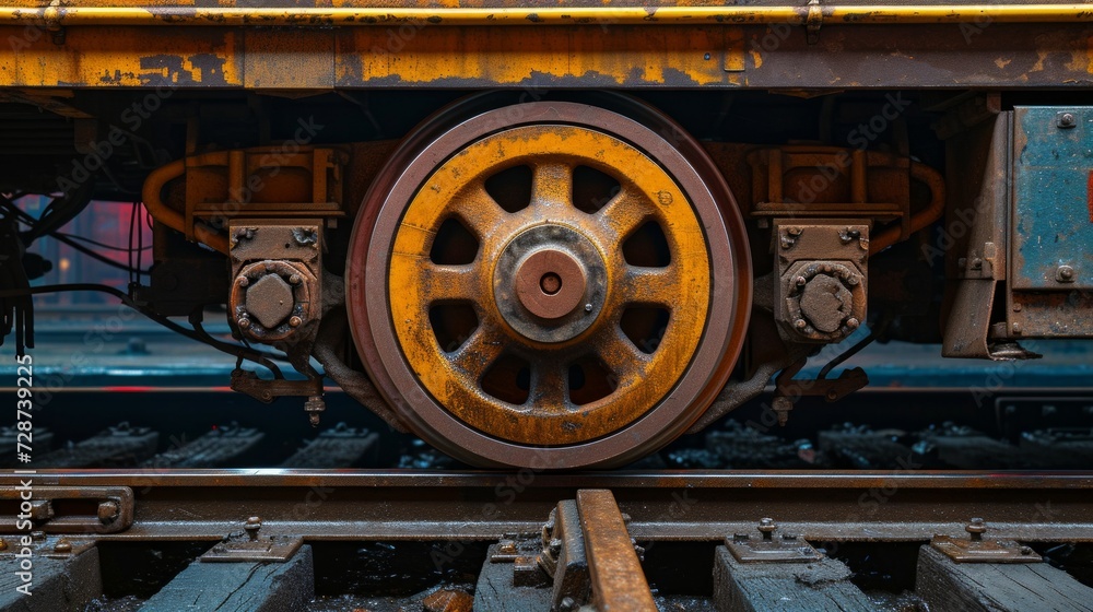 A close-up of a subway train's wheels on tracks, a reminder of urban transportation's mechanics