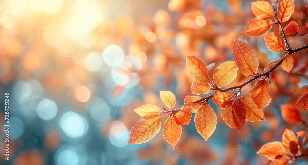 Sunlit golden autumn leaves branch out over a luminous blue bokeh background, capturing the essence of fall's warmth.