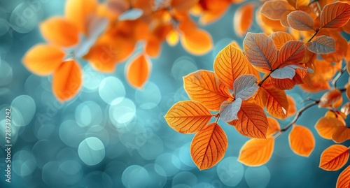 Bright orange leaves against a captivating blue bokeh background create a striking contrast that accentuates the beauty of autumn colors.