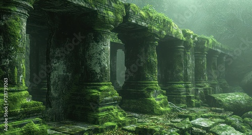 Enigmatic ancient temple ruins  covered in lush green moss  are bathed in the ethereal light that filters through the trees.