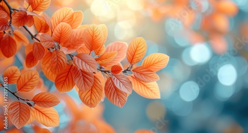 Over a luminous blue bokeh background, sunlit golden autumn leaves branch out, perfectly capturing the warmth of the fall season.