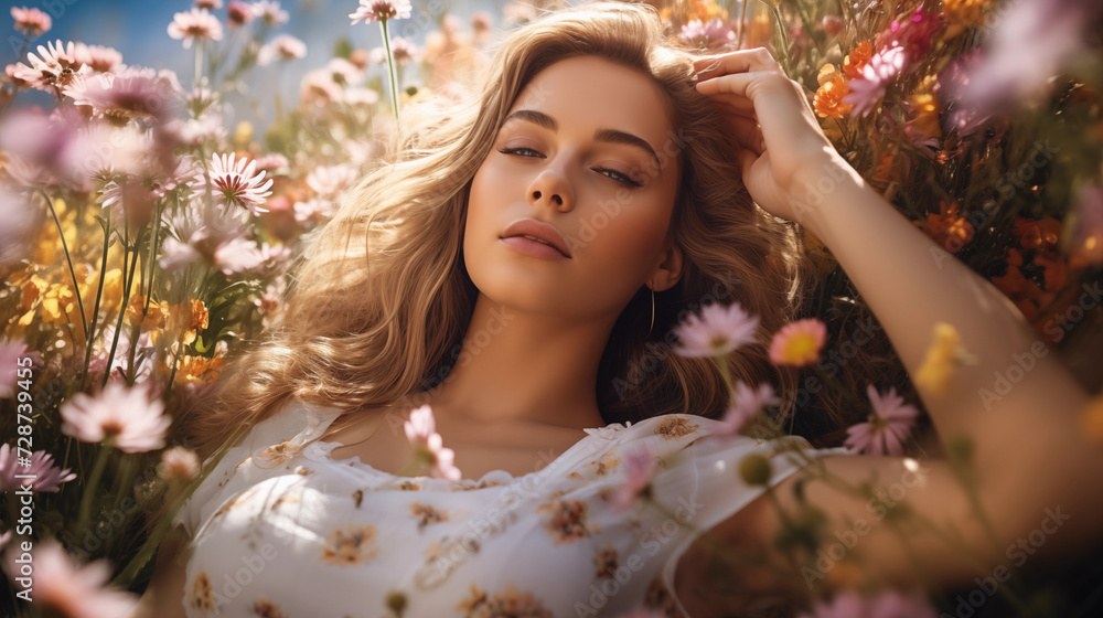 A beautiful young blonde woman lying in a meadow with lots of spring flowers made with Generative AI