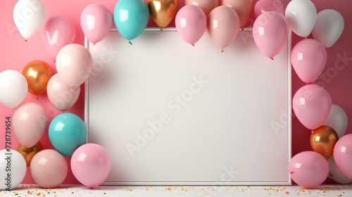 A chic backdrop with a modern frame and vibrant, confetti-filled balloons sus...