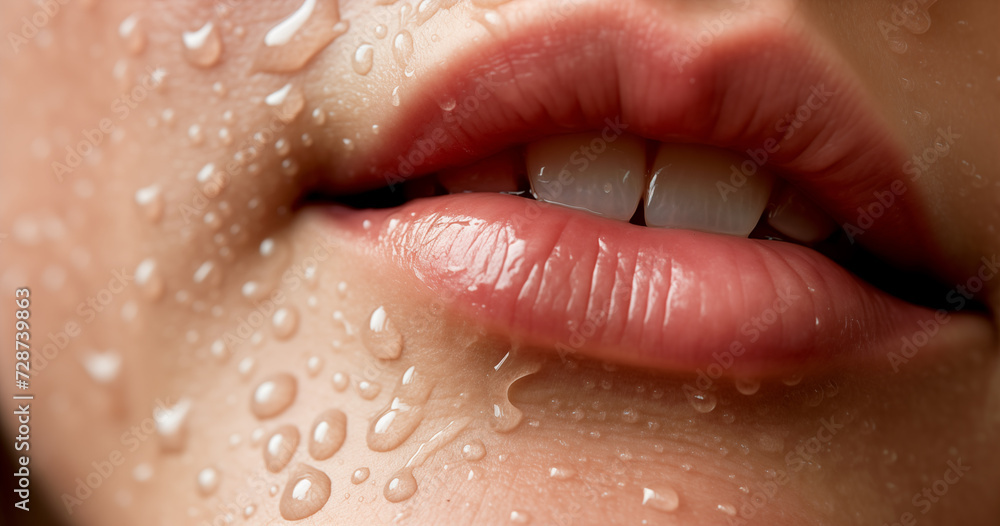 Obraz premium Girl's face with lips with water drops on her face