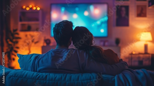 A couple cuddling on the couch, watching a heartwarming movie together