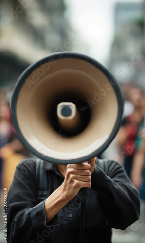 Person shouting with megaphone at protest rally