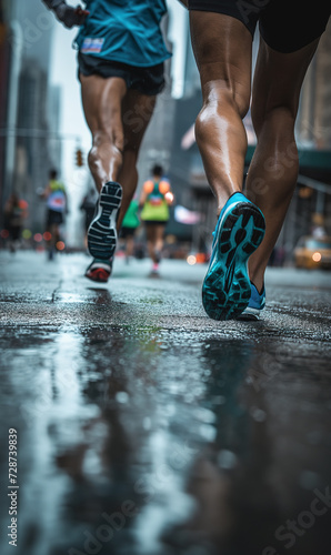 from behind view marathon runners feet in race