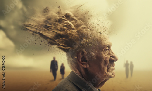 Image that illustrates memory loss due to dementia. Old mans memories dissapears. Family and memories fading away. photo