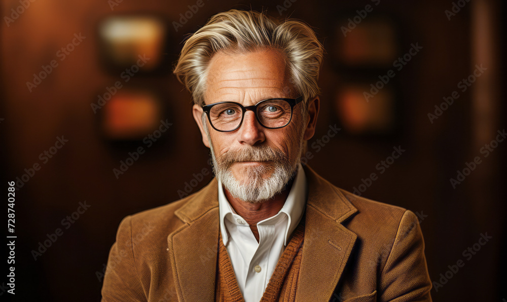 Distinguished older gentleman with glasses wearing a stylish tweed jacket and crisp white shirt, exuding sophistication against a brown background Distinguished older gentleman with glasses wearing a stylish tweed jacket and crisp white shirt, exuding sophistication against a brown background