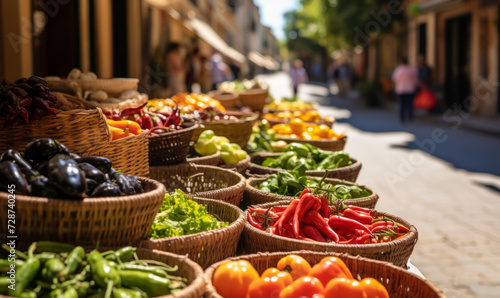 Vibrant Mediterranean street market scene with a focus on fresh  colorful vegetables displayed in baskets under the bright summer sun