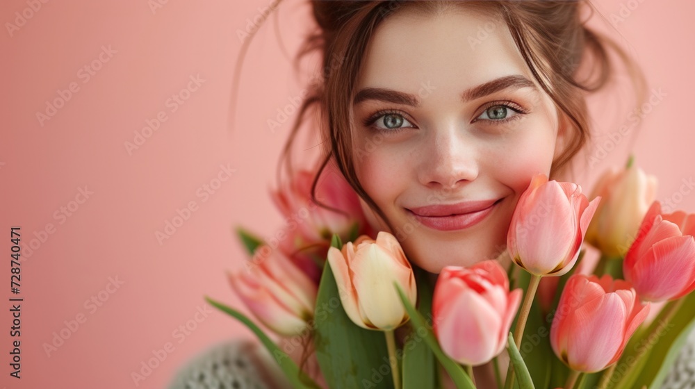 A charming woman adorned with a bouquet of tulips, their hues mirroring her infectious joy A charming woman adorned with a bouquet of tulips, their hues mirroring her infectious joy