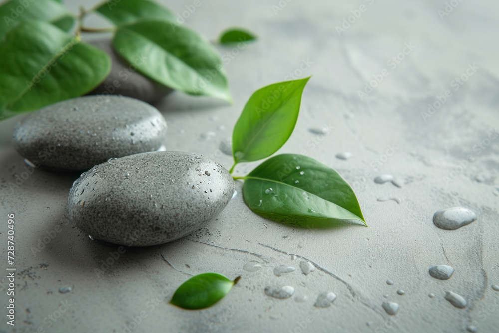 Spa stones and leaves on grey background. Spa stones and leaves on grey background.