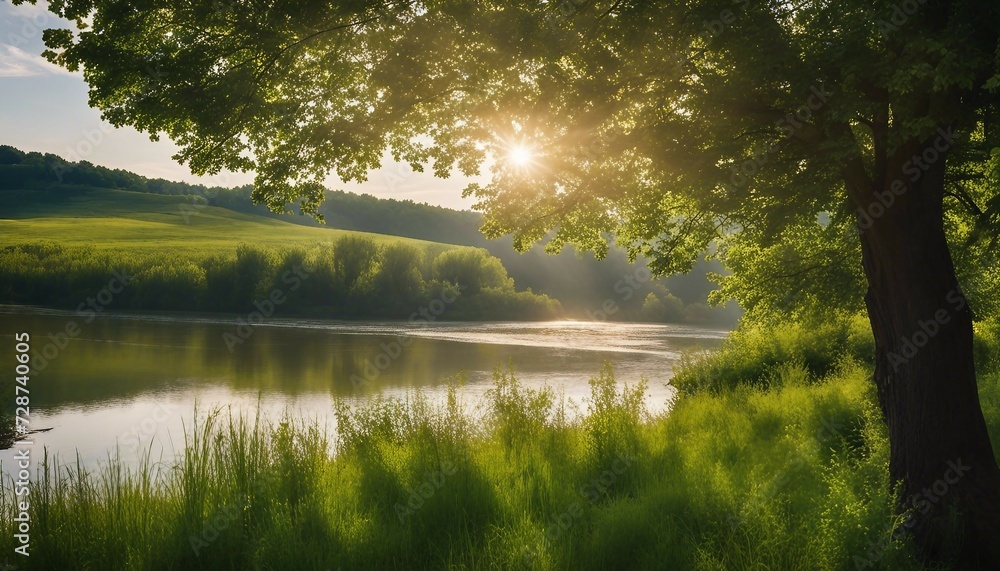 Obraz premium Beautiful panoramic photo. Summer is starting. Sunny, good weather, warm. Green beautiful trees, grass, bushes, flowers. Everything blooms and shines.