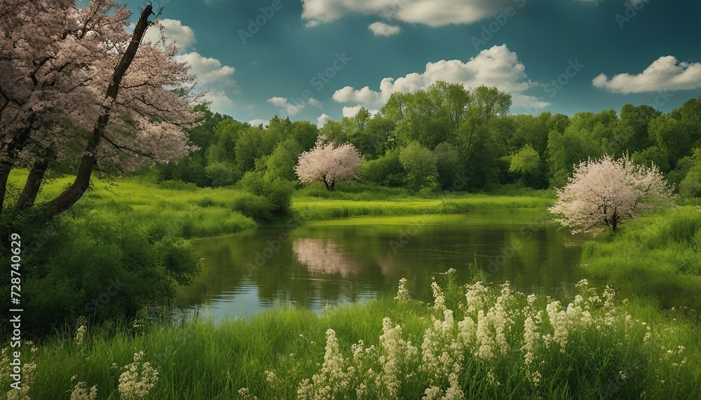 Fototapeta premium Beautiful panoramic photo. Summer is starting. Sunny, good weather, warm. Green beautiful trees, grass, bushes, flowers. Everything blooms and shines.