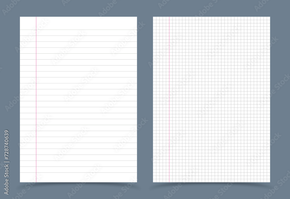 striped paper and plaid paper on gray background. notebook pages. educational equipment striped paper and plaid paper on gray background. notebook pages. educational equipment