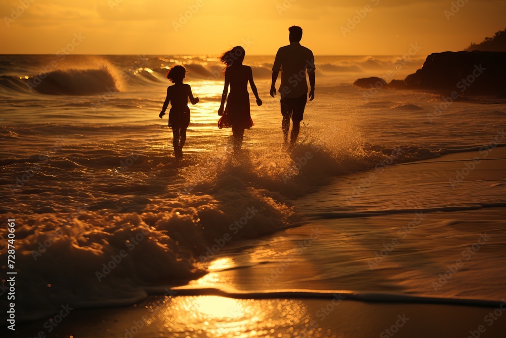 Family walk, way towards sunset sun. Mother, father and child. Parenthood concepts
