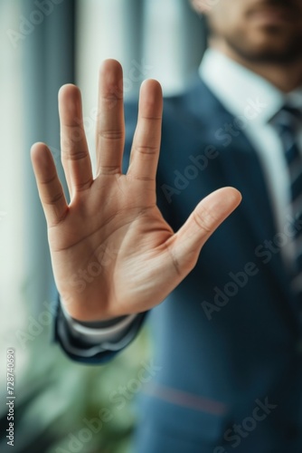 Closeup of the hand of a businessman making stop, saying no or not accepting a deal in an office at work. Male corporate worker making hand gesture not agreeing to a statement