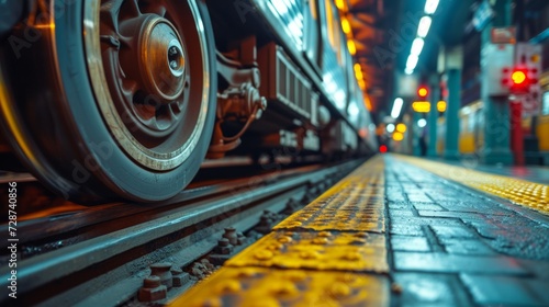 A close-up of a subway train's wheels on tracks, a reminder of urban transpor...