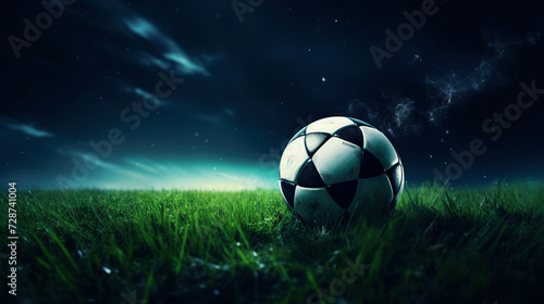 Illuminated Soccer Ball on Fresh Green Grass at Twilight