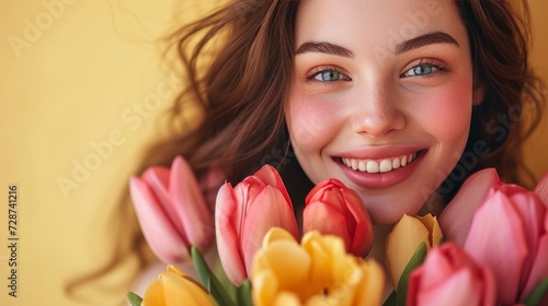 A charming woman adorned with a bouquet of tulips, their hues mirroring her i...
