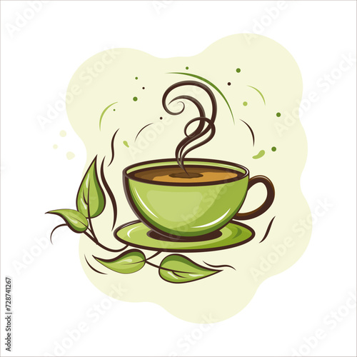 Vector illustration, green tea cup, eco cup, coffee cup with green leaves