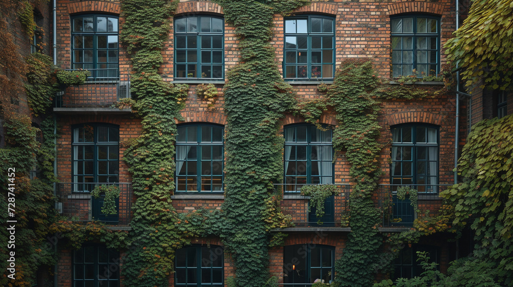 A historic apartment building with ivy-covered walls and vintage windows