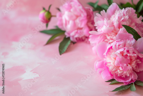 Tender peonies on pink background with copy space. Abstract natural floral frame layout with text space.