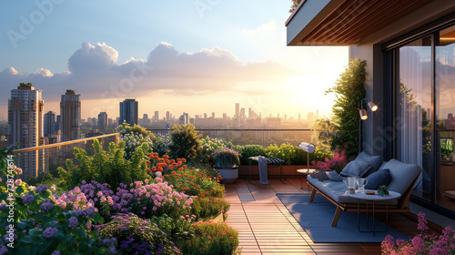 A rooftop terrace on an apartment building with a garden and city skyline view