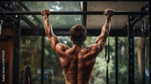 A dedicated individual doing pull-ups on a sturdy bar, striving for greater u...