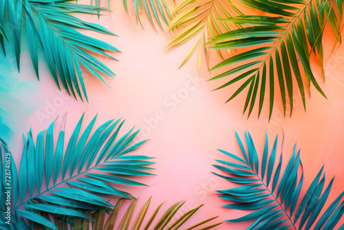 Tropical bright colorful background with exotic painted tropical palm leaves. Minimal fashion summer concept. Flat lay. © Hunman