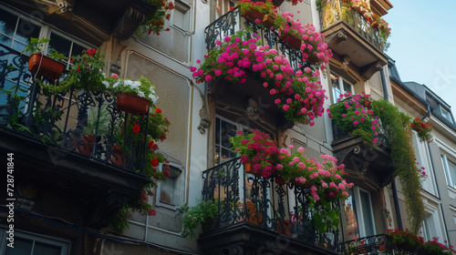 A traditional apartment building with wrought iron balconies and flowering plants © IBRAHEEM'S AI