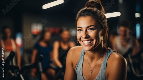 A cyclist attending a spinning class, motivated by an energetic instructor.