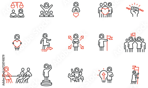 Vector Set of Linear Icons Related to Equal Human Rights, Harmony Relationship, Women Empowerment and Gender Equality. Mono line pictograms and infographics design elements photo