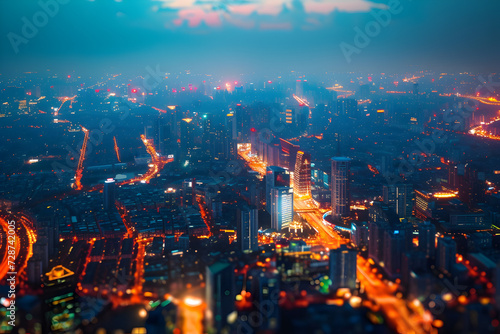 Aerial view of a bustling commercial district at twilight, city lights