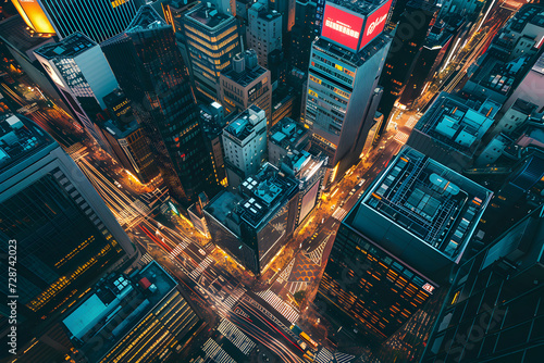 Aerial view of a bustling commercial district at twilight, city lights