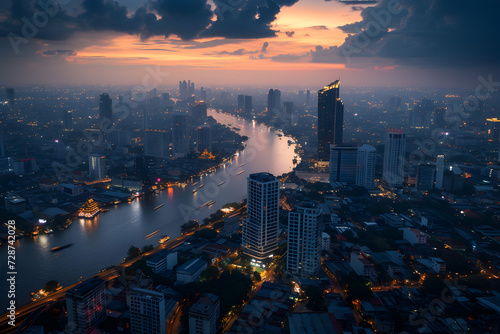Aerial view of a bustling commercial district at twilight, city lights