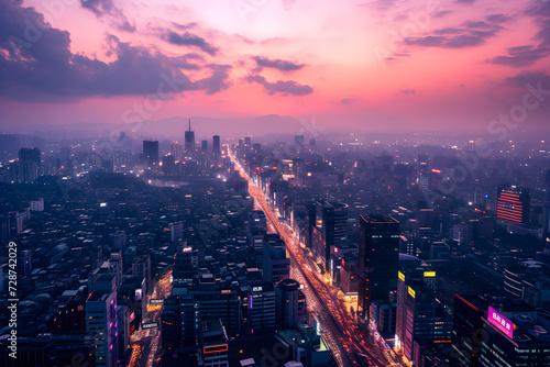Aerial view of a bustling commercial district at twilight, city lights
