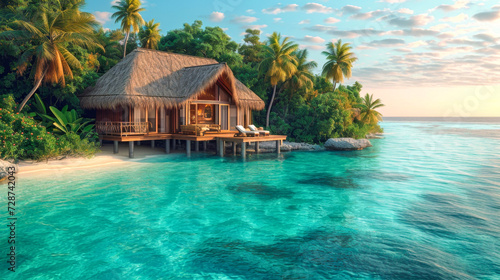 Secluded Beachfront Hut at Twilight. A solitary hut on a private beach surrounded by lush palms at twilight