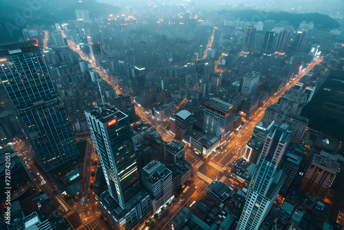 Aerial view of a bustling commercial district at twilight, city lights