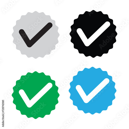 Verify or checkmark icons vector in four different colour . Instagram verification icon, twitter blue checkmark isolated in white background in eps 10.