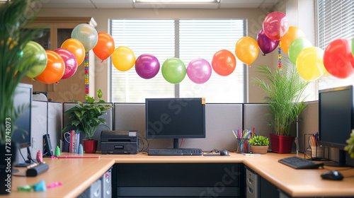 A cubicle decorated for a colleague's birthday, bringing laughter and festivi...