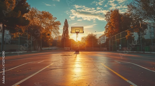 A basketball court at sunset, where athletes chase their dreams photo