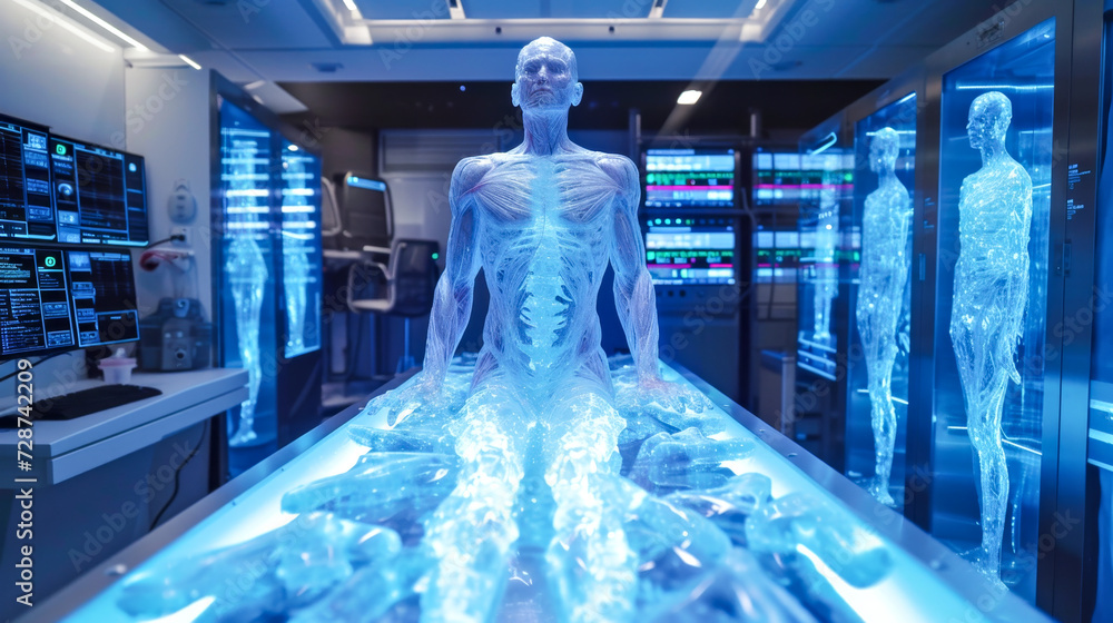 A cryogenic chamber displaying a holographic human anatomy in a high-tech lab. Cryobiology for freezing bodies A cryogenic chamber displaying a holographic human anatomy in a high-tech lab. Cryobiology for freezing bodies