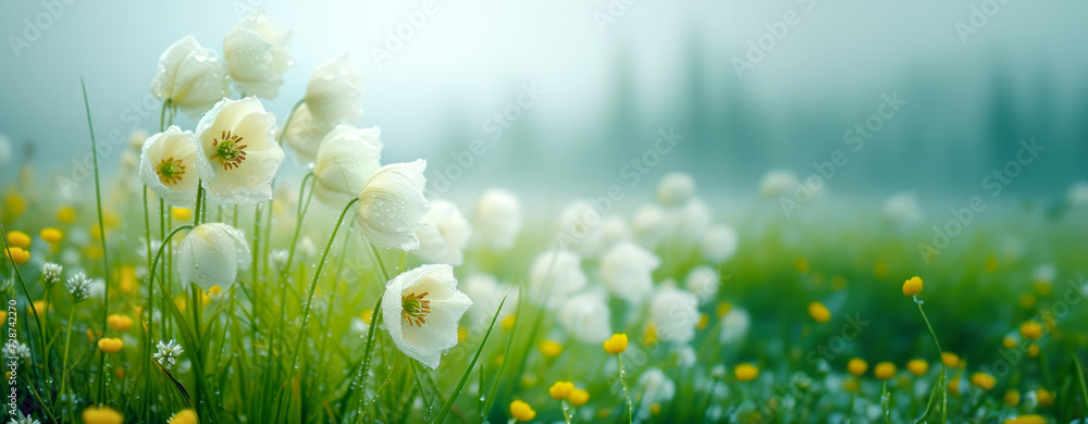 Ethereal white Fritillaria flowers amidst a foggy, dewy meadow - obrazy, fototapety, plakaty 